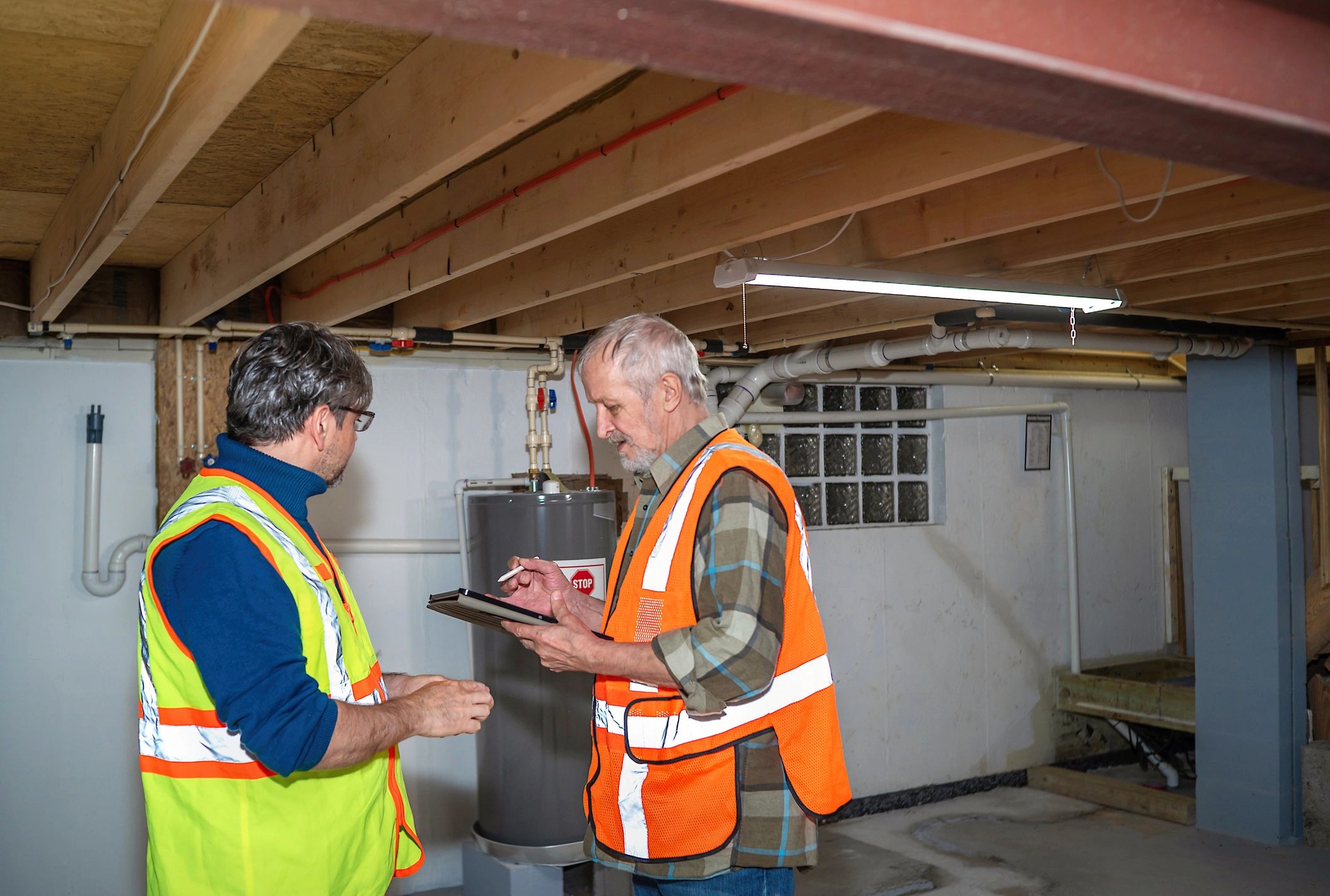 Male HVAC professional inspecting a residential basement system with a homeowner in a Northern Michigan home
